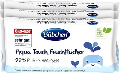 Bübchen Aqua Touch Feuchttücher, 144 Stück (3 x 48) - Sensible Tücher mit 99% reinem Wasser, Feuchtigkeitstücher für Neugeborene und Babys - 32% Rabatt