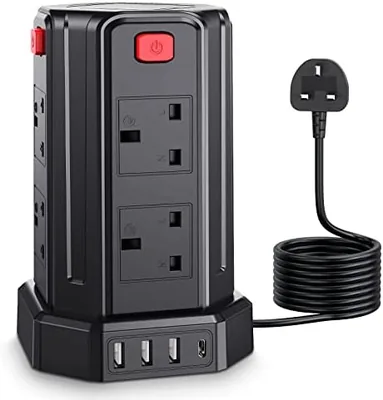 5M Tower Extension Lead - 13A 3250W, 8 AC Outlets + USB (Type C & USB) Surge Protector Best Deal