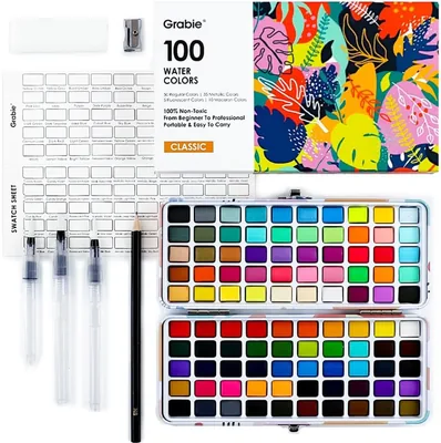 Grabie Watercolor Paint Set, 100 Kleuren All-in-one Kit met Metallic, Macaron & Neon, Hoog Pigmentering, Luxe Reisset - 15% Korting