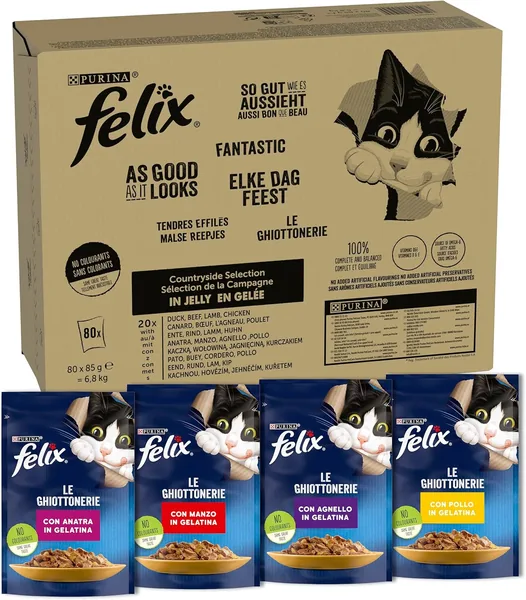 FELIX Le Ghiottonerie Wet Food per Gatti Adulti, Snack in Gelatina con Manzo, Pollo, Anatra e Agnello, 80 x 85 g