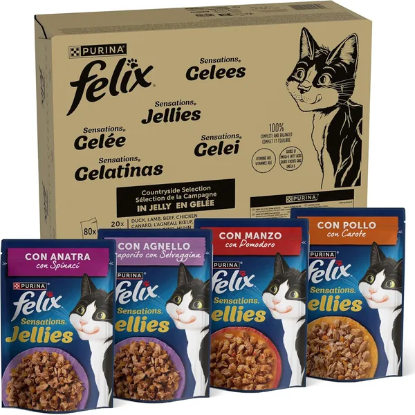 FELIX Sensations Jellies Adulto Cibo Umido per Gatti con Anatra e Spinaci, Lambro e Gioco, Manzo e Pomodoro, Pollo e C