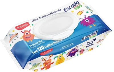 Escudo Antibacteriano Kids, Toallitas Húmedas Antibacteriales para Manos, Paquete con 120 Toallitas, 99.9% Libre de Bacterias