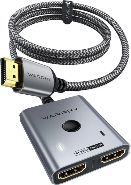 HDMI Switch 4K 60Hz, WARRKY HDMI Switcher 2 in 1 Out [Aluminum Case, Fixed Braided Cable] Bidirectio