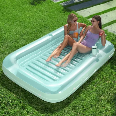 SLOOSH Inflatable Lounger, Extra Large Pool Float med Kussin, 4-in-1 Rash Guard, Brun, 215x145 cm