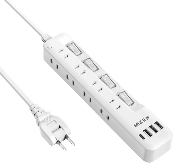 Mscien Power Strip with USB, 8 AC Outlets, 1 USB-C, 3 USB-A, Extension Cord, 2m, Lightning Guard, OA, Wall-Mounted, Octopus Outlet, Table