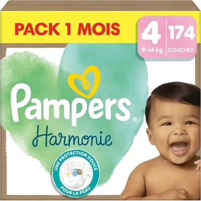 Pampers Harmony, Taille 4, 174 couches, Protection Peau Douce et Absorption 100%, Paquet 1 mois - Meilleures Offres