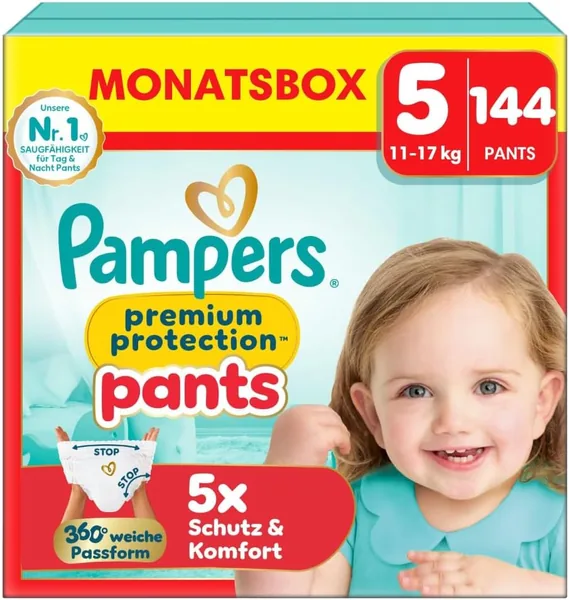 Pampers Premium Protection Windeln Größe 5 Junior 11-17 kg Monatskiste - Packung 144