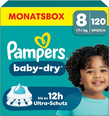 Pampers Windeln Größe 8, 120 Windeln, 17 kg + Baby-Dry, Bis zu 100 % Leckschutz Über Nacht - 34% Rabatt