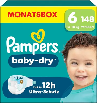 Pampers Baby-Dry Größe 6, 148 Windeln, 13-18 kg, bis zu 100 % Leckageschutz & Komfort über Nacht