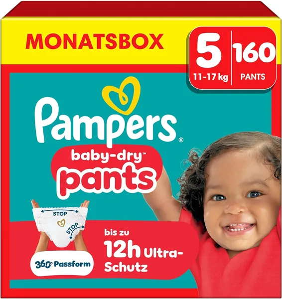 Pampers Nappies Pants Size 5 (12-17 kg) Baby-Dry, Junior with Stop and Protection Bags, Monthly Box, 160 Pants Nappies