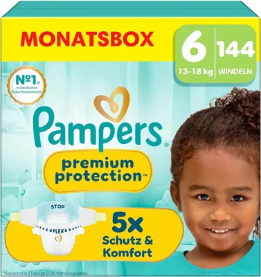 Pampers Babywindeln Größe 6 (ab 13 kg) Premium-Schutz, Extra Groß, Monatskiste - Bestes Komfort und Schutz für empfindliche Haut