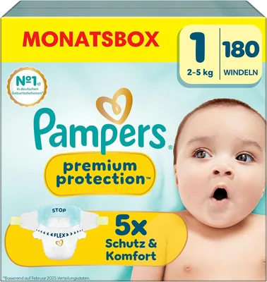 Pampers Baby Nappies, Size 1 (2-5 kg), Premium Protection, for Newborn, Half Month Box, Comfort and 