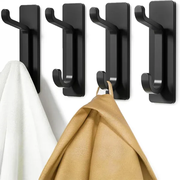 Self Adhesive Hooks, Extra Sticky and Strong, Hanging up to 6KG, Heavy Duty Stick on, No-Nail Hook for Back of Door, Black, 4 Pack