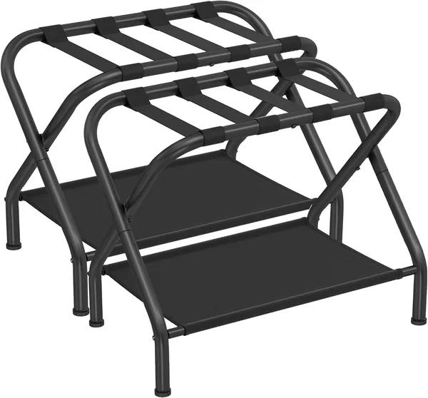 SONGMICS Luggage Racks, Set of 2, Suitcase Stand with Fabric Storage Shelf for Guest Room, Bedroom, Hotel, Foldable Steel Frame, Grey/Black, 2 Pack