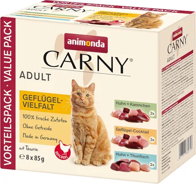 Animonda Carny Adult Katzenfutter, Geflügel-Mix-Pouch (8 x 85 g) | Getreidefreies nasses Katzenfutter ohne Zucker