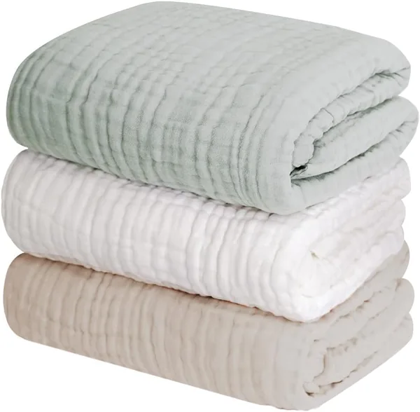 Ker t Ibul Baby Bath Towel, Towel for Baby, 6-Ply Gauze, 41.3 x 41.3 inches (105 x 105 cm), Square (Green, Beige, White)