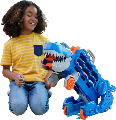 Hot Wheels City Toy Car Track Set, T-Rex Transporter z możliwością przemiany w dinozaura, Zestaw torów do wyścigów