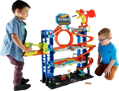 Hot Wheels City Mega Let's Race - Start! - Netflix - Garaż Atak Smoka Zestaw z 2 Metalowymi Samochodzikami, Miejsca do Pr