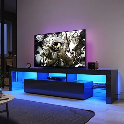 ELEGANT 200cm LED TV Cabinet with Glass Shelf 16 RGB LED Lighted for TVs, TV Entertainment Unit with