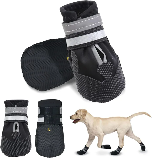 Bottes Dricar pour Chiens, Ensemble de 4 Chaussures Anti-Dérapantes, Imperméables et Protectrices pour Chiens de Taille Moyenne à Grande (Noir, Taille L)