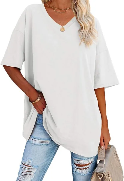 T-shirt femme Ebifin oversize col V manches courtes été haut décontracté