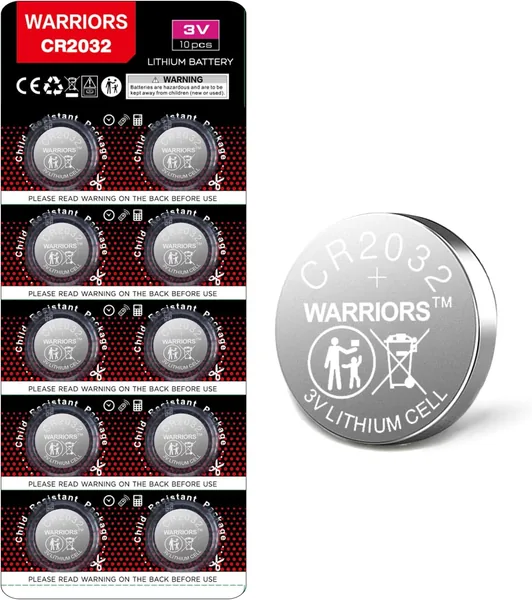 Warriors 10 x CR2032 Batteries 2032 3V Lithium Button Battery, Child-Proof Packaging, for Electronic Devices, Car Keys