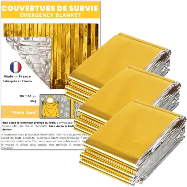 Pack de 3 couvertures de survie isolées Frana - Or/Argent - 210 x 160 cm - Protection contre le froid et la chaleur - Randonnée