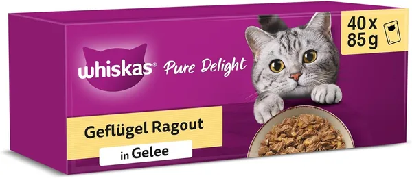 Whiskas 1+ Katzennassfutter Ragout - Gefl gel Auswahl in Gelee, 40x85g (1 Packung)
