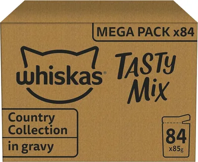 Whiskas Adult 1+ Tasty Mix Country Collection Wet Cat Food in Sauce, 84 Portion Bags, 84 x 85 g (1 B