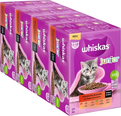 Whiskas Junior Kat Wet Food Classic Selection i Gravy, 48 Serveringstäckor, 12 x 85 g (4 Pack) - 16% Rabatt