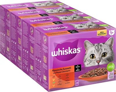 Whiskas 1+ Kattevoedsel met saus, 48 zakjes (4 x 12 stuks) - Hoogwaardig natvoer voor volwassen katten