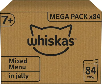 WHISKAS - 7+ Senior natvoer zakjes - 84 x 85 g - gemengde smaken in gel - Bulk katvoedsel Megapack - 84 zakjes