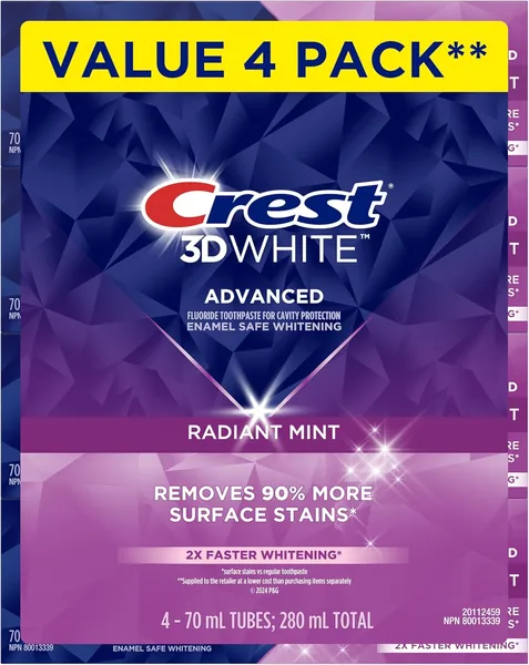 Crest 3D White Advanced Teeth Whitening Toothpaste, Radiant Mint, 4 Count (Pack of 1), 280 mL Total