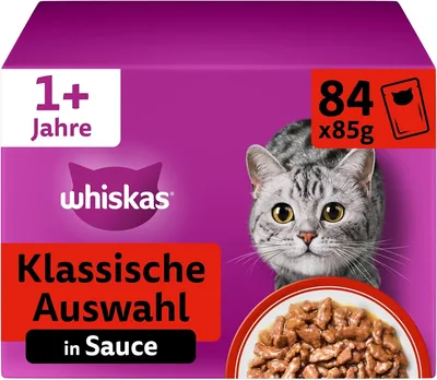 Whiskas 1+ Katzennassfutter - Klassische Auswahl in Sauce, 84x85g (1 Großpackung) - Best Deal