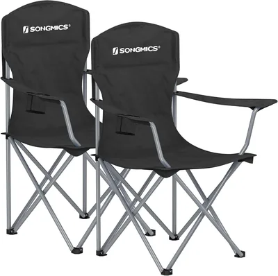 Silla de Camping SONGMICS, Juego de 2 Sillas de Exterior con Respaldo Alto, Apoyabrazos y Bolsillo para Tazas, Portátil y Plegable, Carga - 29% Descuento