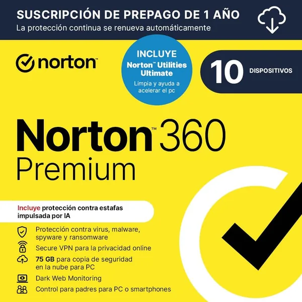 Norton 360 Premium+Utilities 2026 | Antivirus para 10 dispositivos | 1 año con renovación automática | Descarga digital
