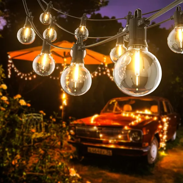 Iluminación exterior Kawaya de 30.5 m con 50 + 2 bombillas LED impermeables IP65, garland cálida blanca