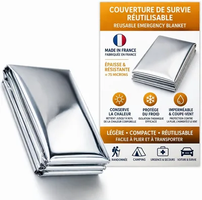 Frana Surv - Couverture de survie réutilisable - 75 microns - Fabriquée en France - Isolation thermique, imperméable et coupe-vent - 220 x