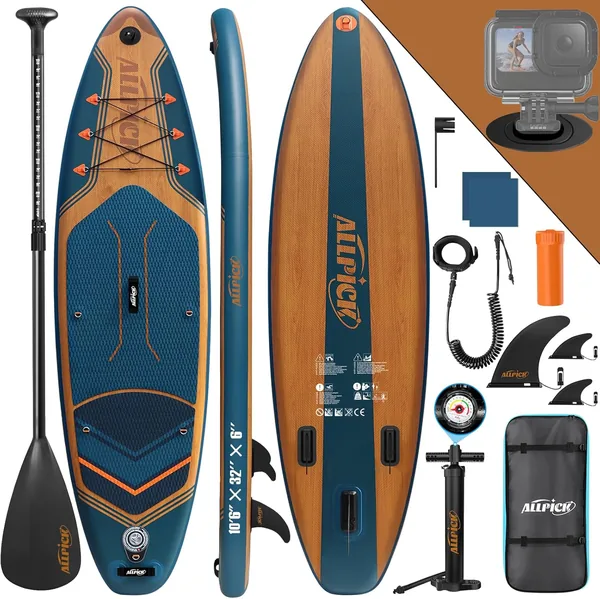 ALLPICK Premium SUP Board Set, Aufblasbares Stand Up Paddling Board mit Kamerahalterung und Komplettzubehör - 24% Rabatt