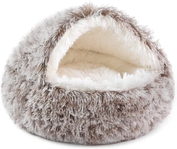 NOYAL Dog Bed Round Hooded Plush Cat Cave Donut Anti Anxiety Fluffy Bed S/M