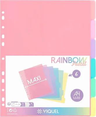 Viquel - Ensemble de 6 séparateurs en plastique Arc-en-ciel Pastel - Maxi (24.5 x 30.5 cm) - Pour classeur ou archivage A4 Maxi