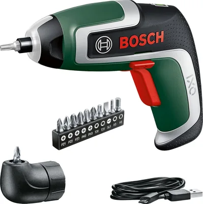 Bosch IXO Akku-Bohrschrauber (7. Generation, 3,6 V, 2,0 Ah, 5,5 Nm, mit Micro USB Kabel, inkl. Winkelaufsatz, Schrauben und Bit-Set)