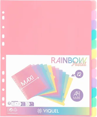 Viquel - Ensemble de 12 séparateurs en plastique Arc-en-ciel Pastel - Format Maxi (24,5 x 30,5 cm) - Pour classeur ou archivage A4 Maxi