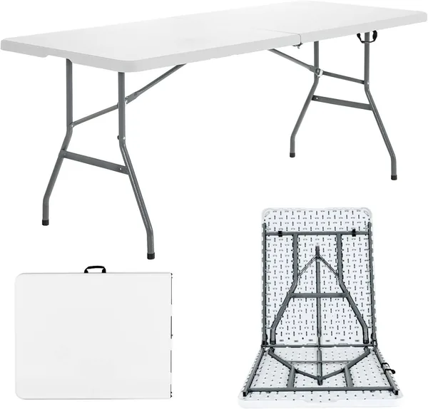 SKY-TOUCH Lightweight Folding Trestle Table, 150x70x75cm, Heavy-Duty Plastic Picnic and Camping Table with Carry Handle, Foldable for BBQ and Outdoor Parties, White