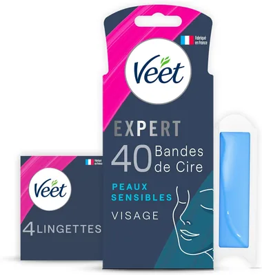 Veet Expert 40 bandes de cire froide pour le visage - Peau sensible - Finition parfaite - Élimination durable des poils - 5% de réduction