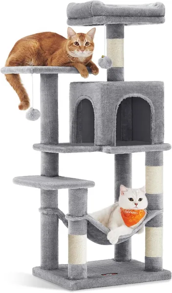Albero per Gatti Feandrea da 112 cm con Posti per Graffiare, Perchè, Grotta, Amaca e Pomponi - Multilivello