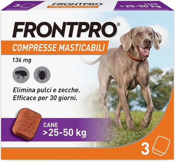 FrontPro 3 Tablets Antiparassitari Masticabili per Cani da 25-50 kg, Protegge da Zecche e Pulci, Repellente per Zecche - Pack di 1