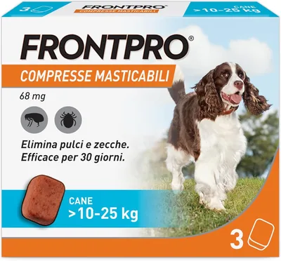 FrontPro 3 Tablet Masticabili Antiparassitari per Cani di Peso Compreso tra 10-25 kg - Protegge da Zecche e Pulci, Repellente per Pulci - Pack da 3