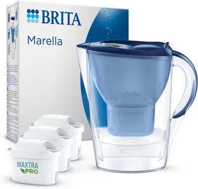 BRITA Marella Blue Filtro Acqua (2.4L) con 3 x Filtri BRITA MAXTRA PRO All-in-1 che Riducono il Cloro, la Calcare e i PFAS