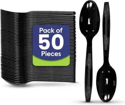 SNH Packing 50 Black Plastic Spoons - Reusable & Heavy Duty